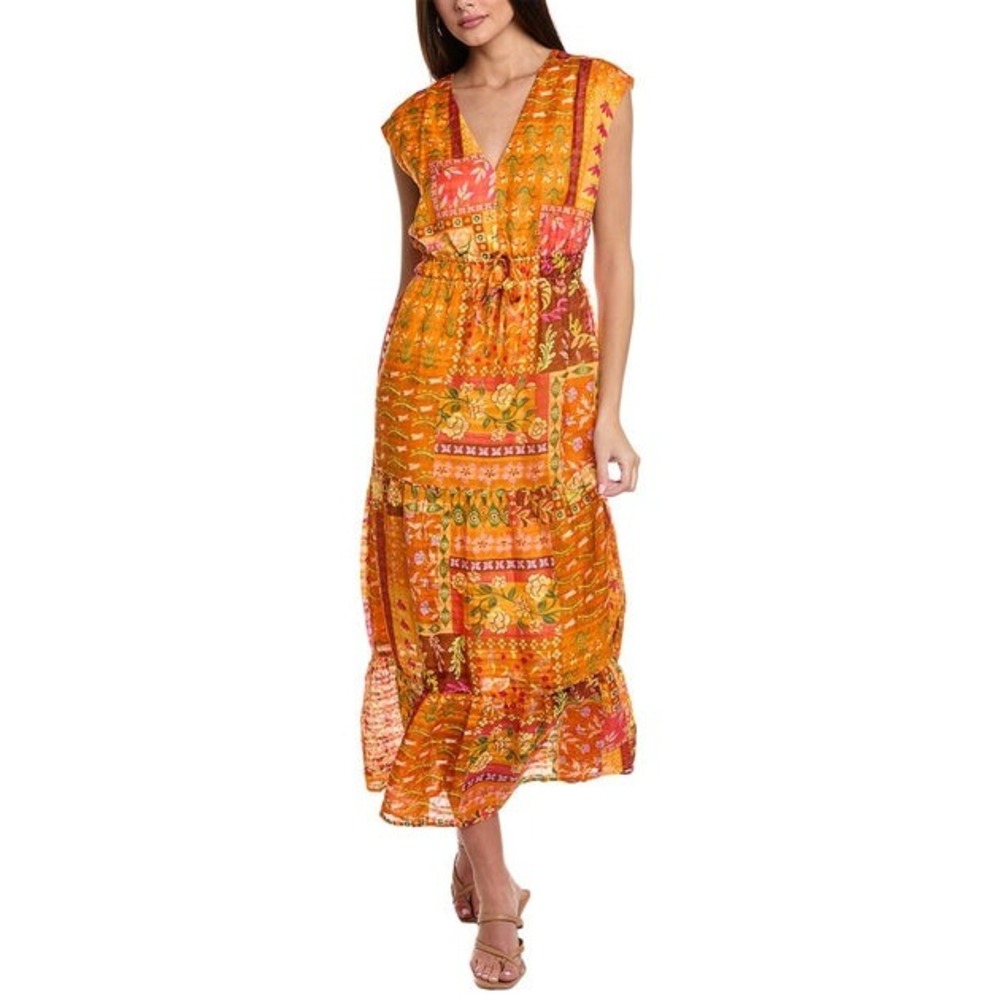 Marie Oliver Indy Linen Silk Maxi Dress‎ Poppy Patchwork Boho Cottagecore 70s S